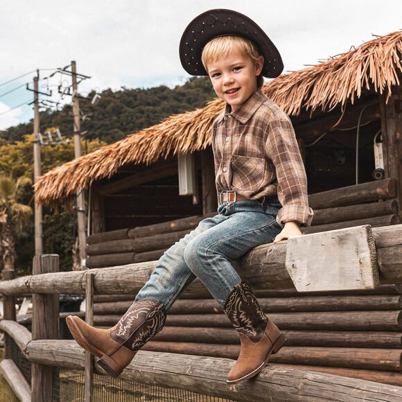 ⚡Kid Brown/Tan Synthetic Cowboy Western Riding Shoes Square Toe Wide Calf Boot - Picture 2 of 8